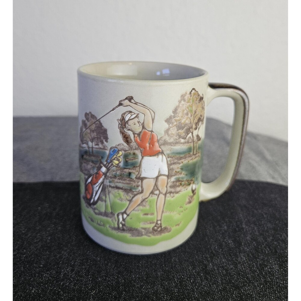Vintage Otagiri Female Golfer Ceramic Embossed Stoneware Coffee Cup GOLFER GIFT